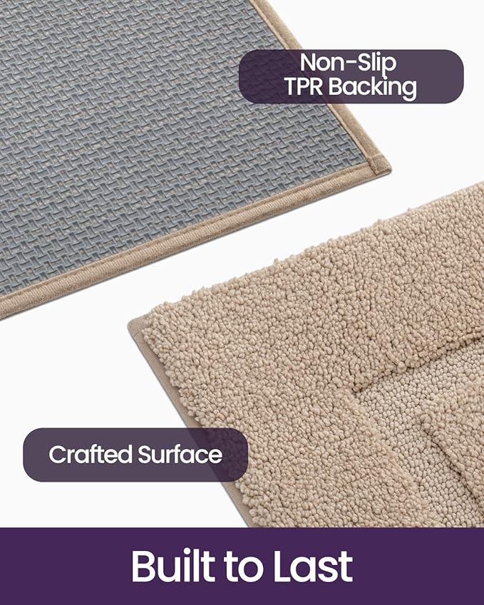DEXI Bathroom Rugs Set 2 Piece 24x16, Washable Non Slip Bath Mat for Shower Floor, Absorbent Quick Dry Bathmat with Rubber Backing, Ultra Soft Plush Carpet for Tub, Beige