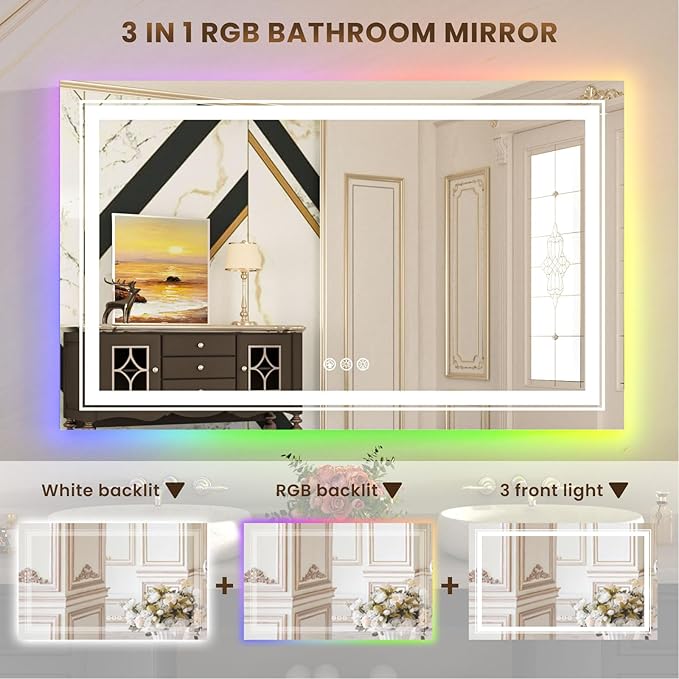 WTTY LED Bathroom Mirror 55"x36" with RGB Backlit and Front Light,Stepless Dimmable LED Mirror for Bathroom,Colored Lighted Bathroom Vanity Mirror,Anti-Fog,Memory Function,Shatter-Proof