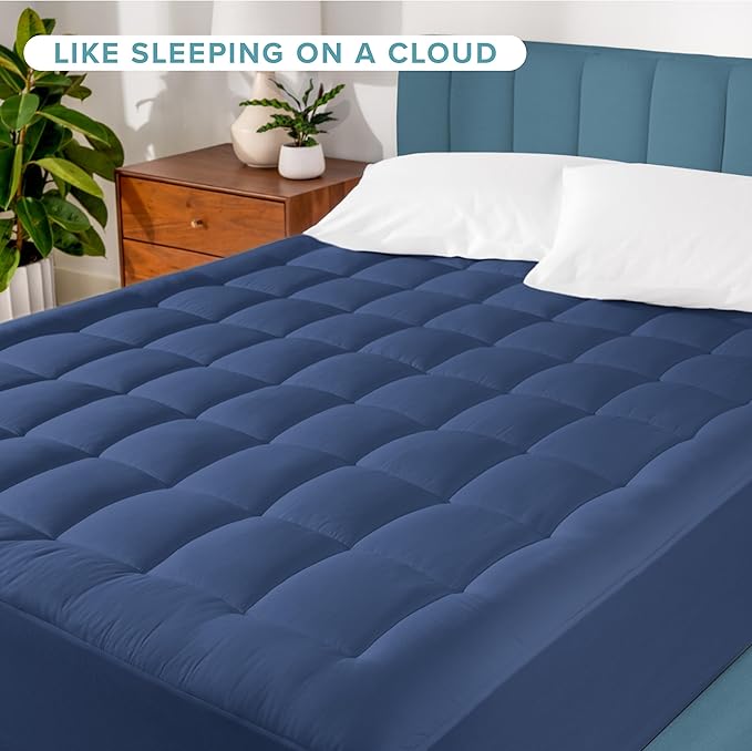 Bare Home King Mattress Topper Cotton Top - Plush Topper for Mattress - Fitted Mattress Cover - Cooling Breathable Air Flow - 8" to 21" Deep Pocket - Soft Mattress Pad (King, Dark Blue)