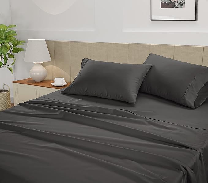 LANE LINEN California King Sheet Set – 450 Thread Count 100% Cotton Sheets, Soft & Breathable Sateen Weave, Naturally Cooling, 15” Deep Pocket Fully Elasticized Fitted, Luxury Hotel Bedding, Charcoal