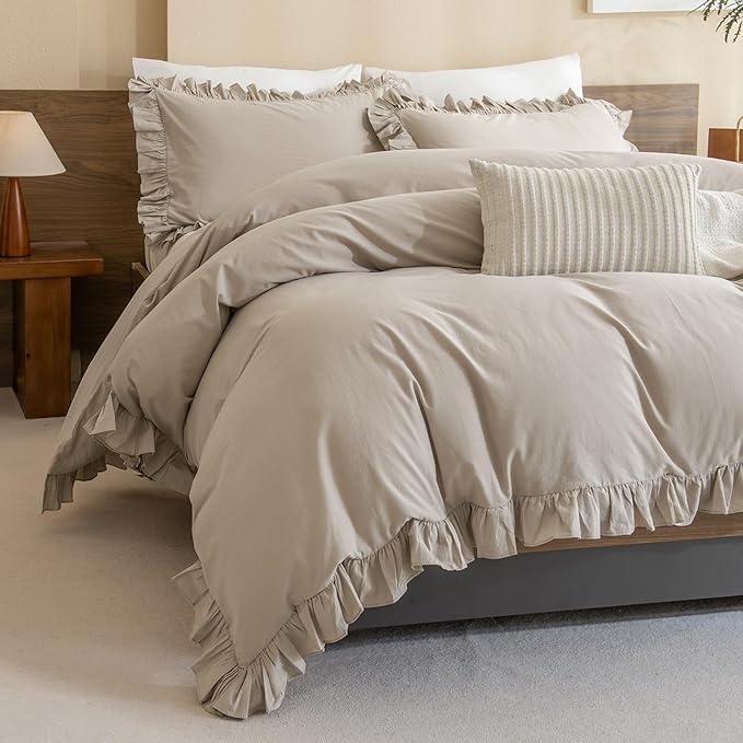 QSH Washed Cotton Duvet Cover King Ruffle Duvet Cover Linen Textured Farmhouse Shabby Vintage Chic Bedding Comforter Cover 3 PCs Aesthetic French Country Vintage King Bedding