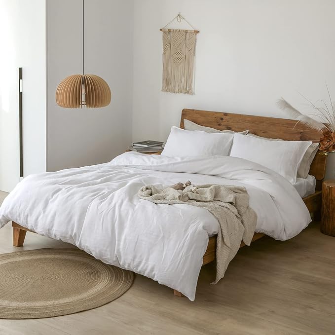 XZ XIFA White Linen Duvet Cover,100% Natural French Flax, Breathable & Durable Textured Bedding, Cooling Duvet Cover Sets 3pcs-1 Duvet Cover and 2 Pillowcases (King Size)