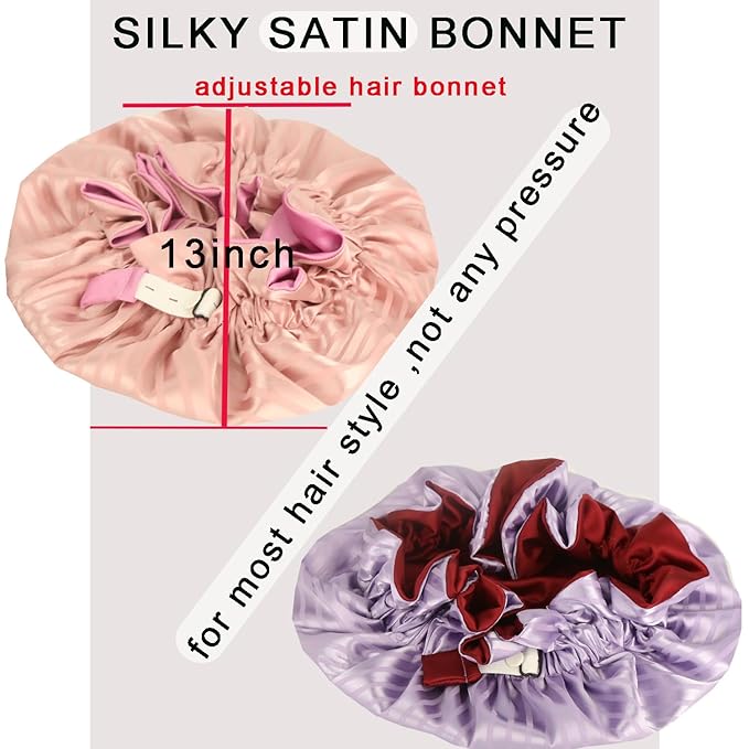 Satin bonnet 2PCS silk hair bonnet cap for women Adjustable sleep cap for curly natural hair double-layer Washable