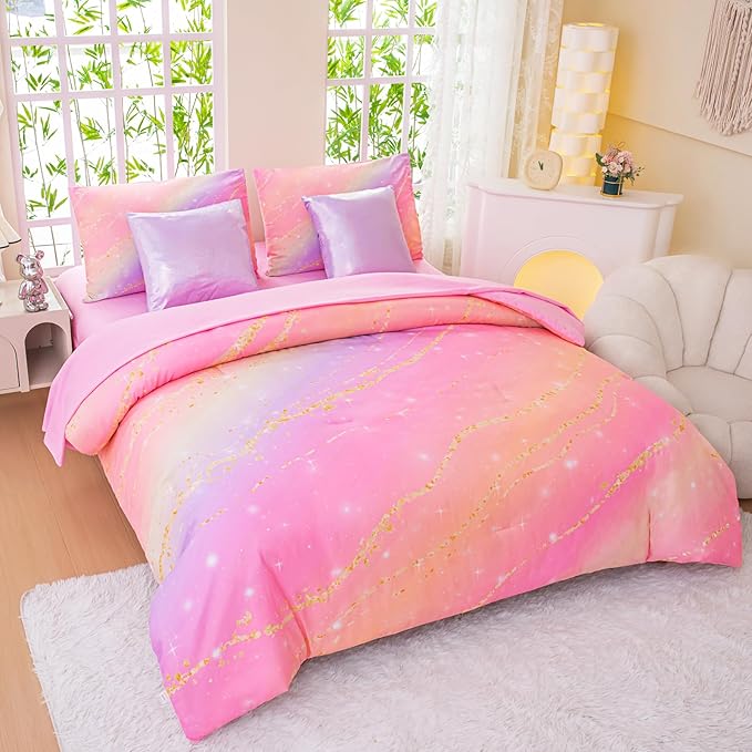Rainbow Bedding Set Full Size – 7 Piece Reversible Girls Comforter with Deep-Pocket Sheet, Gradient Galaxy Design, Whole-Piece Filling, Machine Washable Bed-in-a-Bag for Kids Room Makeover & Gifts