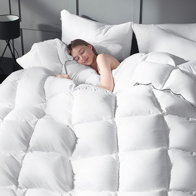 Ubauba Goose Feather Down Fiber Comforter Queen Size Duvet Insert - Hotel Luxury Fluffy White Bedding Comforter, All Season Medium Warmth -100% Cotton Cover, 90 x 90 Inch