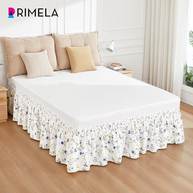 RIMELA Blue Berry Floral Bed Skirt Queen Size 15 Inch Drop, Elastic Bed Skirting for Bed Frame, Bedding Dust Ruffle Easy to Install, Lightweight Wrap Around Adjustable Bedskirt