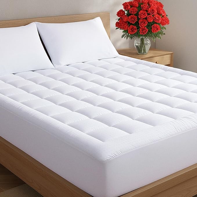 Mattress Pad Full Size – Quilted Fitted Mattress Protector – Cotton Pillow Top Cover w/ 8-16" Deep Pockets – Thick, Comfy & Plush – Cooling, Breathable & Noiseless – Machine Washable – 54 x 75 (White)