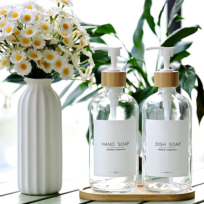 Luxury Glass Soap Dispenser Set - 2 Refillable 16.9oz Bottles, Bamboo Pump & Tray for Farmhouse & Modern Decor, 9 Waterproof Labels for Kitchen/Bathroom (Clear Bottle+White Bamboo Pumps+Tray)