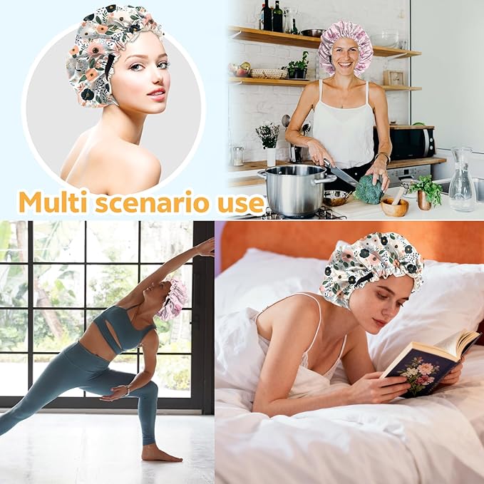 2 PCS Bonnets for Women Girls Satin Hair Bonnet Silk Adjustable Elastic Double Layer Hair Wrap Sleep Cap Comfort Cute-Bowknot Flower