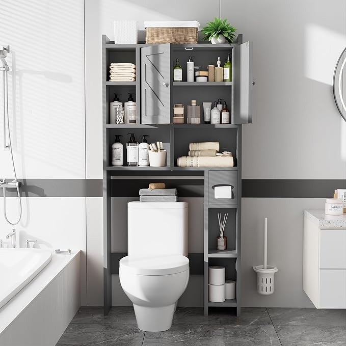 Meilocar Over The Toilet Storage Cabinet, Bathroom Over Toilet Storage Cabinet, Bathroom Storages Organizer Cabinets with Toilet Paper Holder and Adjustable Shelf, Grey