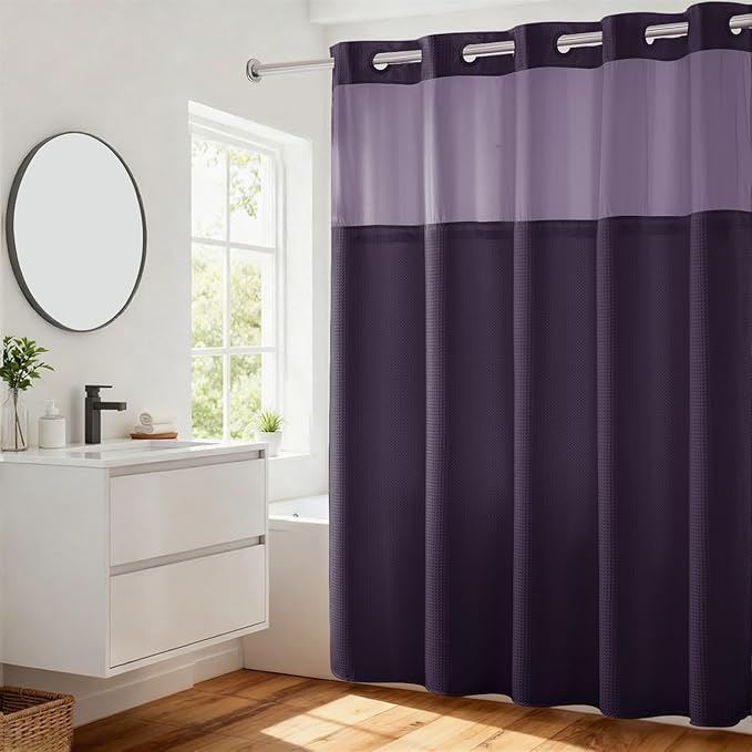 River Dream Heavyweight No Hooks Required Dotted Waffle Weave Shower Curtain with Snap in Liner - 71W x 74H,Hotel Grade,Spa Like Bath Curtain,Regal Purple