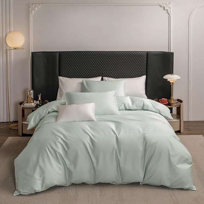MooMee Duvet Cover Set 100% Extra Long Staple Cotton 600 Thread Count Silky Sateen Smooth Luxury Soft Breathable Durable Hotel Quality Bedding, 3 Pieces (Sage Green, Queen 90"x90")