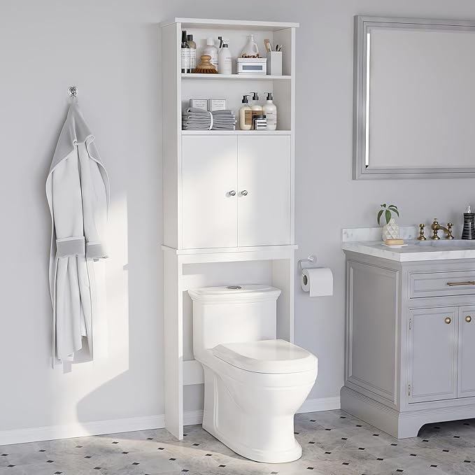 Meilocar Over The Toilet Storage Cabinet for Bathroom, Extra Tall Over Toilet Storage, Space Saver W/Adjustable Shelf & Open Storage Shelf, 75in, White