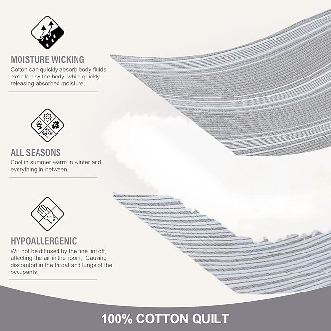 Y-PLWOMEN Quilt King Size - 100% Cotton King Quilt, Grey Striped Quilt for King Bed, Lightweight Reversible King Size Bedspread for All Season, 3-Piece