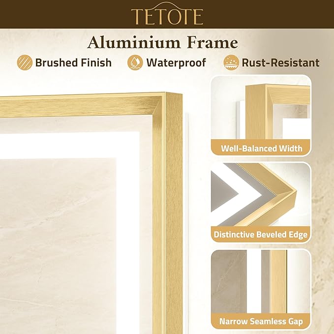 TETOTE 55 x 36 Bathroom LED Mirror Brushed Gold Metal Frame Frontlit & Backlit Vanity Mirror Stepless Dimmable Anti-Fog 3 Colors White/Warm/Natural Light up Vanity Wall-Mounted