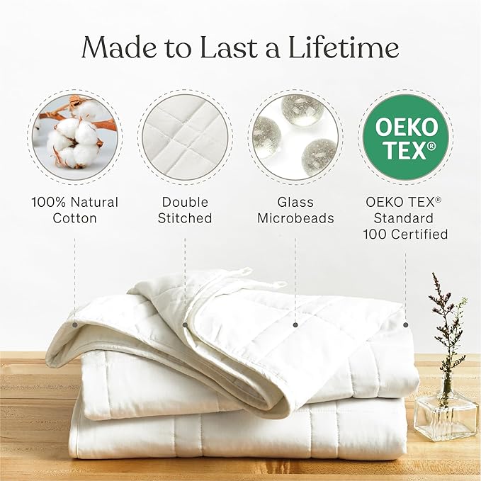 Baloo Weighted Blanket for Adults 12 lb Throw (Pebble White, 42"x72") | Cool & 100% Cotton | Machine Washable & Dryer Safe | Glass Microbead Fill