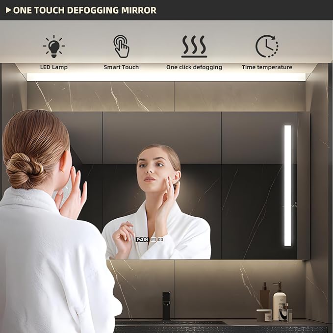 Bathroom Vanity, Floating Bathroom Vanity with Single Sink, Solid Wood Bathroom Vanities Includes LED Smart Defogging Mirror Cabinet & One-Piece Sink, Modern Vanities with 2 Drawer Storage (Black,76")