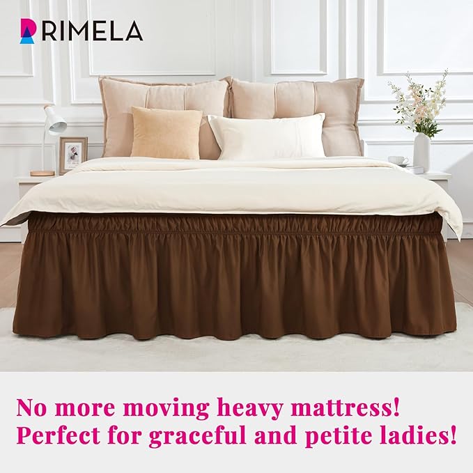 RIMELA Bed Skirt Queen Size 18 Inch Drop, Elastic Bed Skirting for Bed Base and Frame, Bedding Dust Ruffle Easy to Install,Wrap Around Adjustable Bedskirt, Chocolate Brown