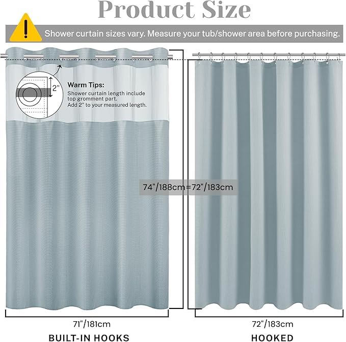 No Hook Shower Curtain with Snap in Liner Set Waffle Shower Curtain for Bathroom Hotel Style Fabric Waterproof Inner Liner，71" W x 74" H, Fog Blue