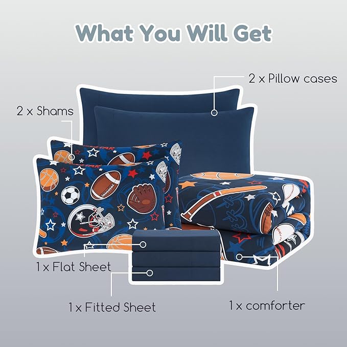 Full Size Comforter Set for Boys-7 Pieces Sports Ball Games Glow in The Dark Full Bedding Sets for Kids, Ultra Soft Bed in A Bag with Sheets