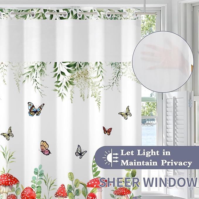 Spring Shower Curtain No Hooks with Snap-in Fabric Liner Set,Green Leaf Mushroom Butterfly Shower Curtain for Bathroom,Hotel Decor Waterproof Shower Curtains,with See Through Top Window,71W x 74H