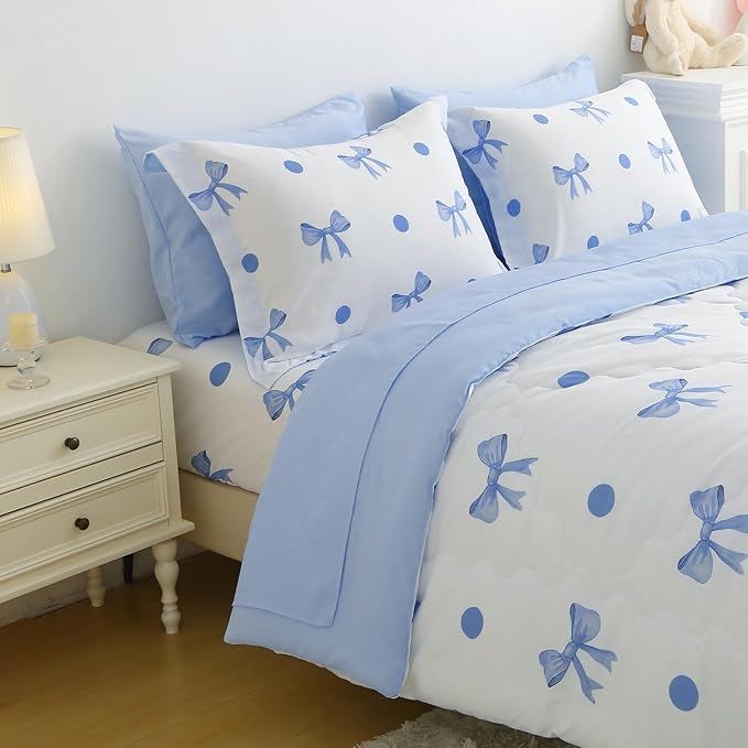 Wajade 7 Piece Blue Bow Comforter Set for Girls Kids Queen Size Bedding Set with Sheet and 2 Pillowcases 2 Pillow Shams Cute Girls Bed in a Bag as Birthday Choice