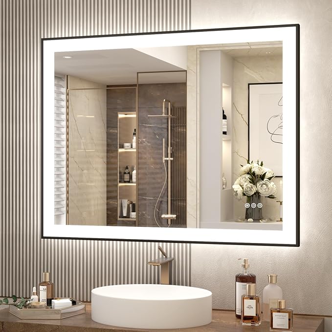 SMIROR 40x30 Black Frame LED Mirror for Bathroom Wall, Large Lighted Vanity Mirrors, Dimmable, Anti-Fog, Memory, Shatterproof, ETL Listed (Front Lights and Backlit)