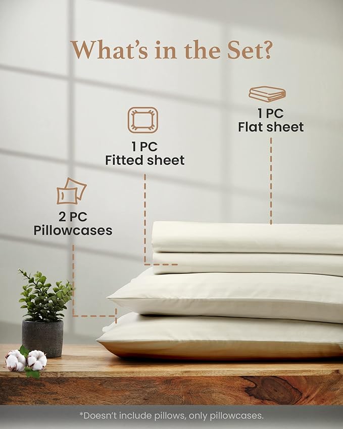 Good Sleep Bedding Cotton Sheets: 100% Long Staple Egyptian Cotton Queen Size BedSheets, 4 Piece Cotton Ivory Sheet Set, Fits Mattress Upto 16 Inches Deep Pocket Queen- 4 Pc Sheet Set