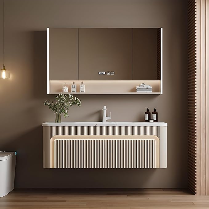 64” Bathroom Vanity Set, Floating Bathroom Vanities with Single Sink, Smart Defog Mirror Cabinet and LED Strip Light, Oak Wood Elegant Bathroom Cabinet with Storage Space (Milk Coffee)