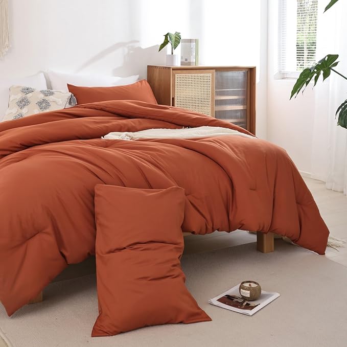 ROSGONIA California King Comforter Set Burnt Orange,3pcs(1 Boho Terracotta Cal King Comforter & 2 Pillowcases),All Season Rust Blanket Quilt Oversized