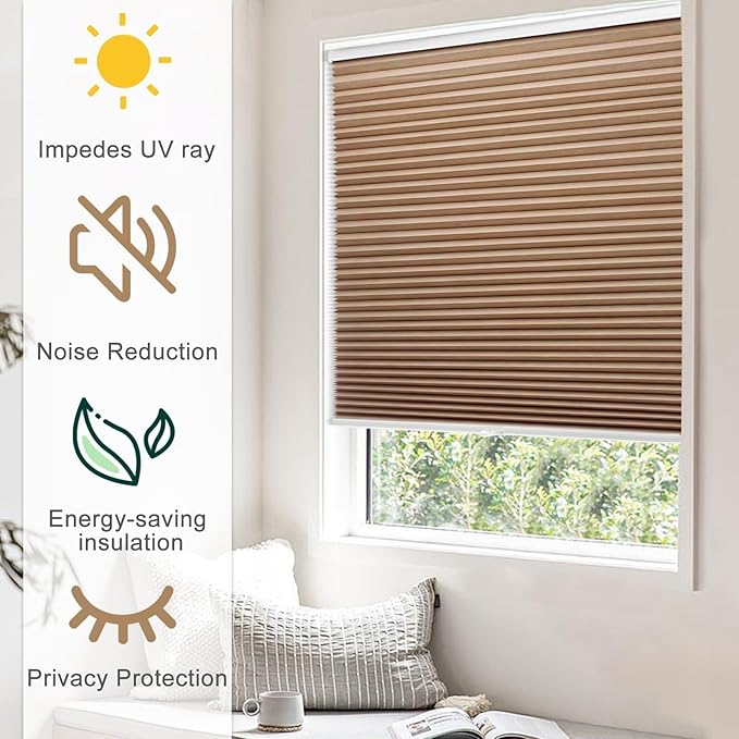 MYshade 1.5-Inch Cellular Cordless Blackout Shades,Thermal Insulating Noise Reducing Waterproof Blinds,Honeycomb Window Treatments for Indoor Light Control (Light Brown-28 W x 50" H)
