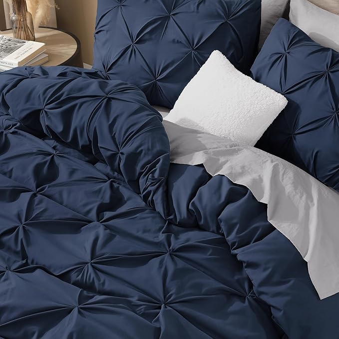 Litanika Navy Blue California King Pinch Pleat Duvet Cover, 3 Pieces Pintuck Cover Soft Microfiber Bedding Set with Zipper Closure & Corner Ties(1 Duvet Cover, 2 Pillowcases)
