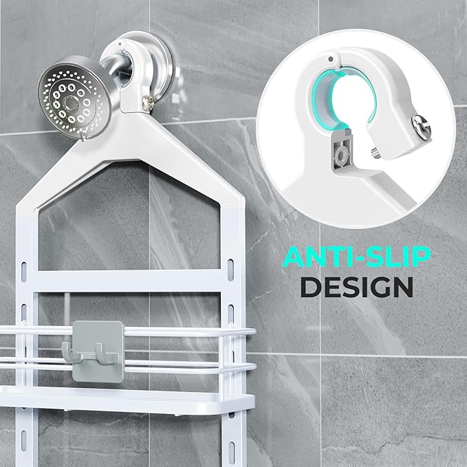 ODesign 3 Tier Height-Adjustable Shower Caddy Hanging Anti-Swing-Over The Shower Head Caddy-Storage Organizer Bathroom Shelves Basket - White