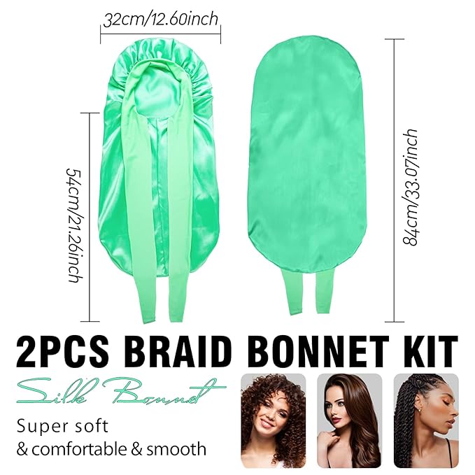 2Pcs Bonnets for Black Women Braid Bonnet, Large Long Satin Bonnet for Braids, Silk Bonnet with Stretchy Tie Band Sleep Cap Hair (2Pcs-Black&Green)