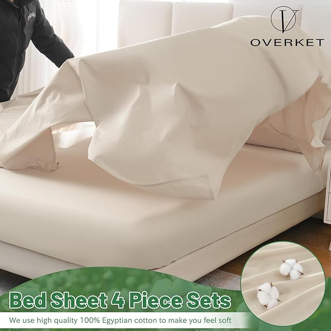 1000 Thread Count Egyptian Cotton Sheets Queen Size Set Sateen Weave Soft Breathable 16-Inch Deep Pocket 4PCS（Queen,Linen）