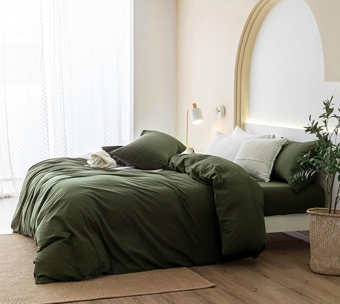 JIYUAN 100% Washed Cotton Duvet Cover Set 3 PCS Oversized King Plus, 1 Duvet Cover 128"x120"(Comforter Not Included) and 2 Pillowcases,Linen Feel Bedding Set Comfy and Breathable,Olive Green