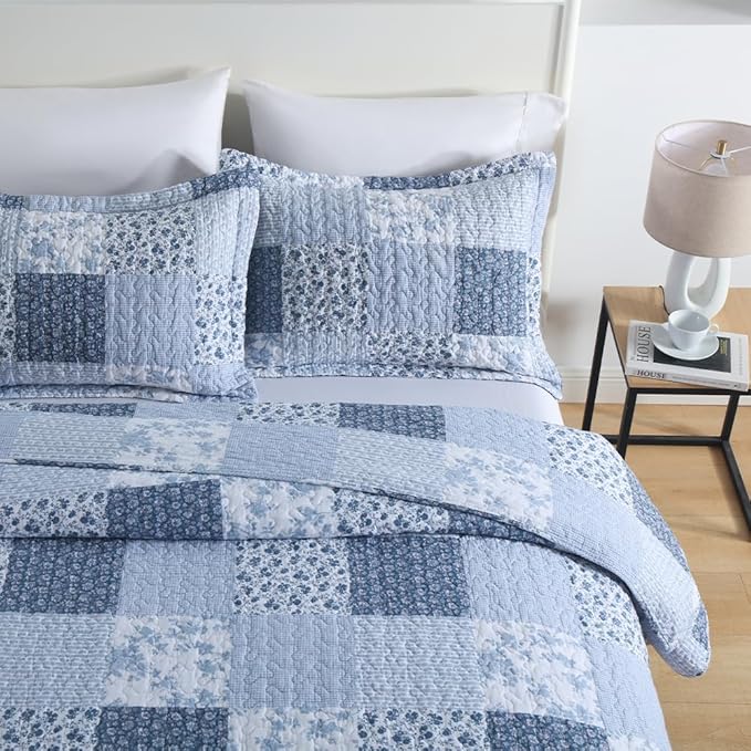ENASAL Cotton Bedspread Quilt Bedding Sets Reversible Coverlet Sets Comforters Rustic Floral White Blue Patchwork Pattern Bedspread for All Season, Queen Size