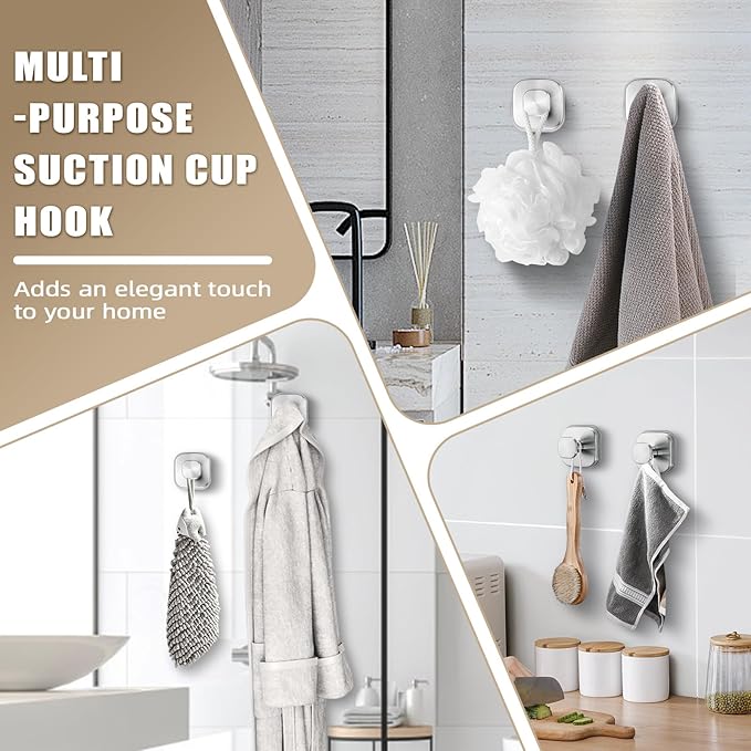 Suction Cup Hooks for Shower - Resuable Bathroom Hooks for Towels, Robes & Loofah - No-Drill Mounting on Kitchen,Walls,Metal,Glass,Mirrors,Tile & Smooth Non-Porous Surfaces (4, Brushed Nickel)