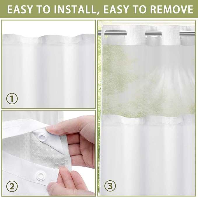 YellyHommy Waterproof Fabric Snap in Shower Curtain Liner Replacement with 2 Magnets 35" W x 55" L for 36" W x 75" L No Hook Shower Curtain - Removable & Detachable to Wash - White