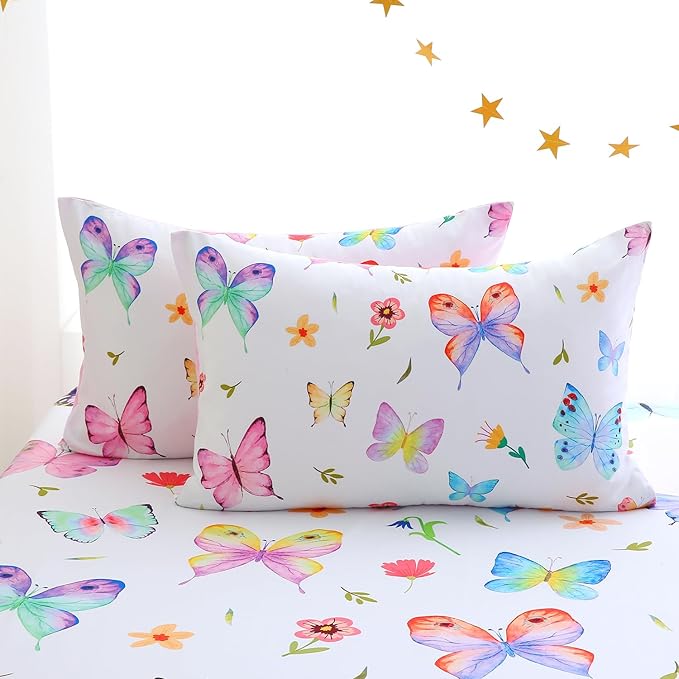 Wajade 7 Piece Butterfly Comforter Set for Girls Kids Cute Colorful Butterfly Flowers Floral Bedding Set Queen Size with Sheet and 2 Pillowcases 2 Pillow Shams Bed in a Bag as Birthday Choice