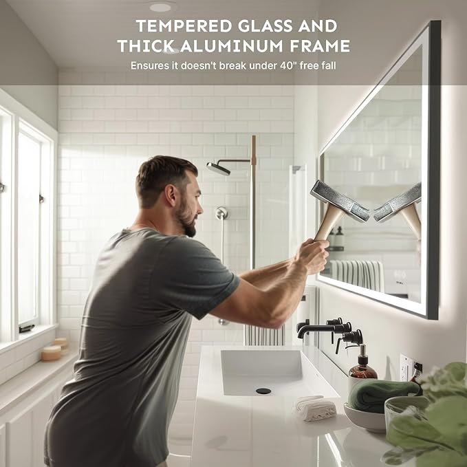 28x36'' LED Bathroom Mirror w/Light, Aluminum Frame, Dimmable Front & Backlit, Anti-Fog, Distortion Free, Light Memory, Tempered & Shatter-Proof Wall Mounted Vanity Silver Coating Mirror