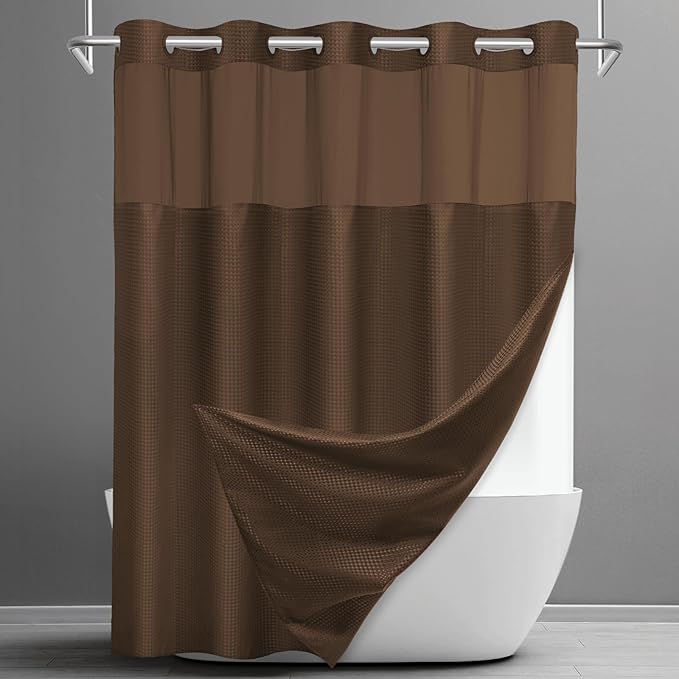 No Hook Shower Curtain with Snap in Liner Set Waffle Shower Curtain for Bathroom Hotel Style Fabric Waterproof Inner Liner，71" W x 74" H, Brown