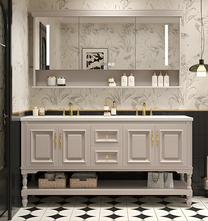 56" Double Bathroom Vanity with Sink,Freestanding Bathroom Vanity Large Storage Cabinet & Open Mirror Cabinet,4 Soft Closing Doors and 2 Drawers Solid Wood Luxury Bathroom Vanities Set,White