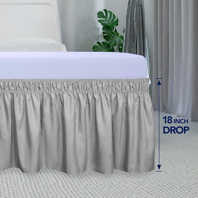 PureFit Wrap Around Ruffled Bed Skirt with Adjustable Elastic Belt - 18 Inch Drop Easy to Put On, Wrinkle Free Bedskirt Dust Ruffles, Bed Frame Cover for Queen, King and C-King Size Beds, Light Gray
