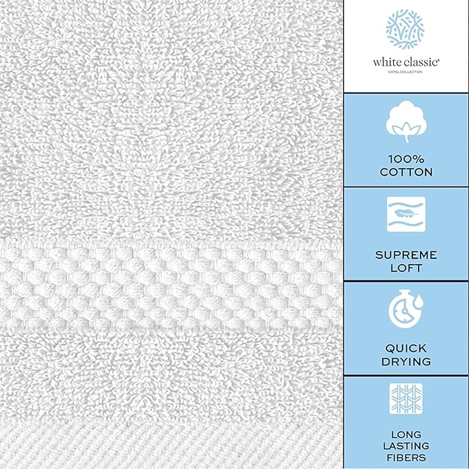 White Classic Luxury Cotton Washcloths 13x13 Inch - 650 GSM Turkish Cotton | Hotel, Spa, Bathroom Face Towel | 12 Pack, Silver