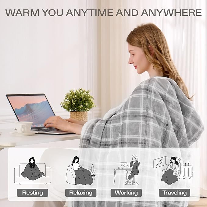 Heated Blanket Electric Throw, 50X60 Heating Throw with 8 Heating Levels & 8 Time Settings, Grey Plaid Washable Warm Soft Flannel Blanket Gift for Couch Bed Office, ETL Certified