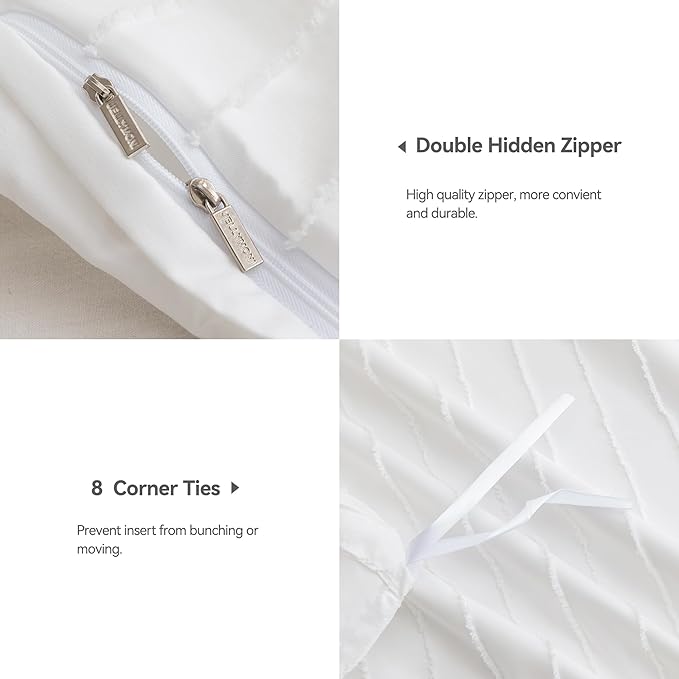 JELLYMONI Duvet Cover Full Size White - 3PCS Boho Striped Duvet Cover Set Polyester Tufted Bohemian Textured Comforter Cover 80×90in with Corner Ties & Zipper and 2 Pillowcases