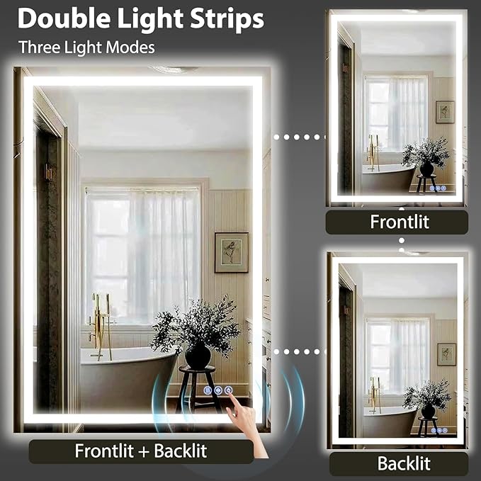 GLSLAND 30"x40" LED Bathroom Mirror with Lights, Dimmable Front and Backlit Vanity Mirrors, Wall Mounted Anti-Fog Lighted Mirror, Horizontal/Vertical Hanging