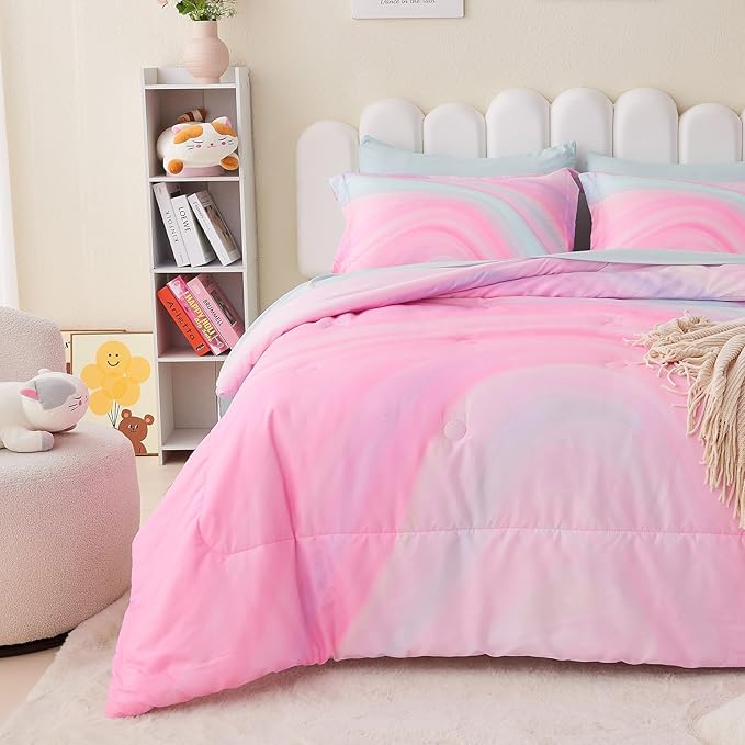 Wajade Girls Pink Comforter Set Bed in A Bag Queen Size 7 Piece 3D Colorful Tie Dye Pink Rainbow Bedding Set for Teens Girls (1 Comforter, 1 Flat Sheet, 1 Fitted Sheet, 2 Pillowcase and 2 Pillow Sham)