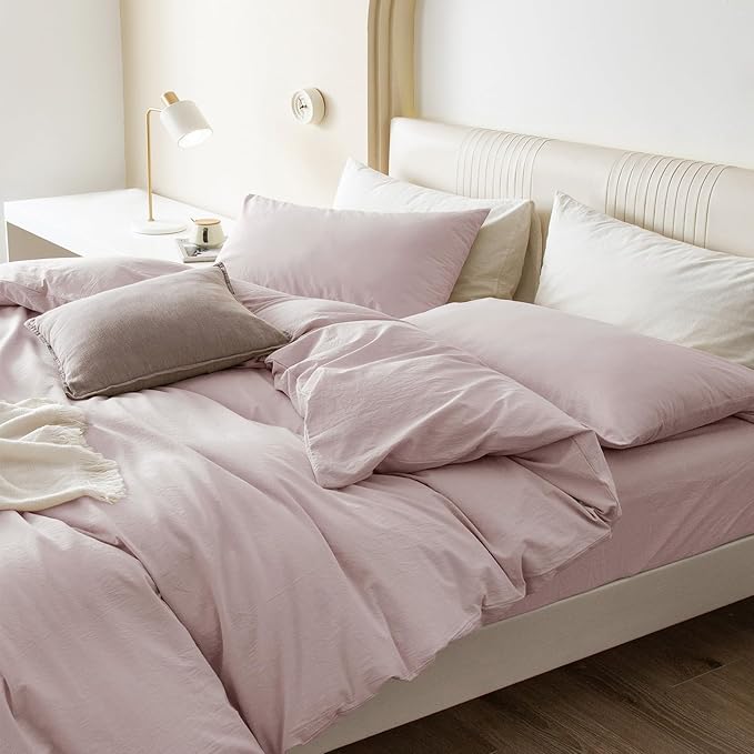 JIYUAN 100% Washed Cotton Duvet Cover Set 3 Pieces King, 1 Duvet Cover 104x90 Inches (Comforter Not Included) and 2 Pillowcases,Linen Feel Bedding Set Comfy and Breathable, Heathered Greyish Pink